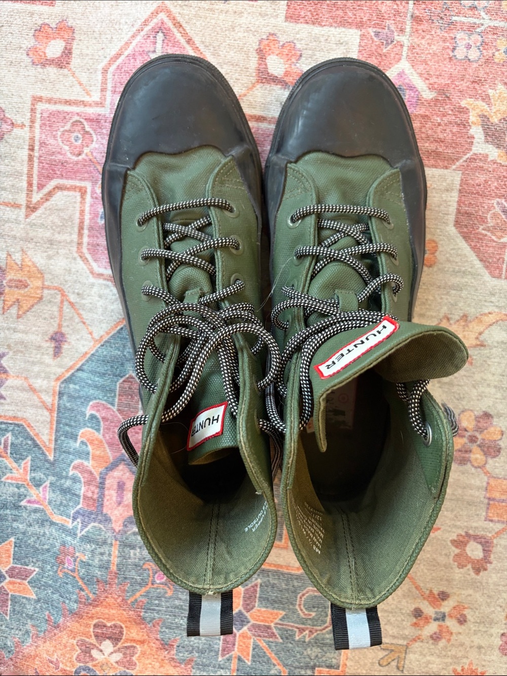 Hunter Olive Green and Black Lace-Up Canvas Boots - Picture 2 of 7